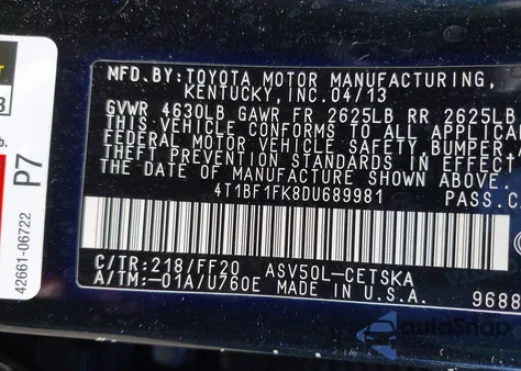 2013 Toyota Camry Se из США, поврежденный, VIN 4T1BF1FK8DU689981